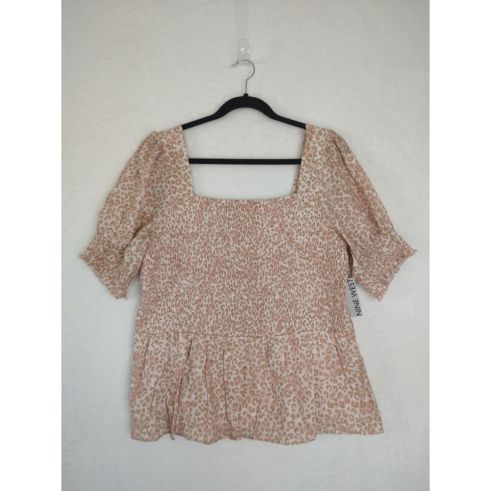 Nine West Pink Tan Leopard Print Smocked Peplum Blouse Square Neck XXL NEW